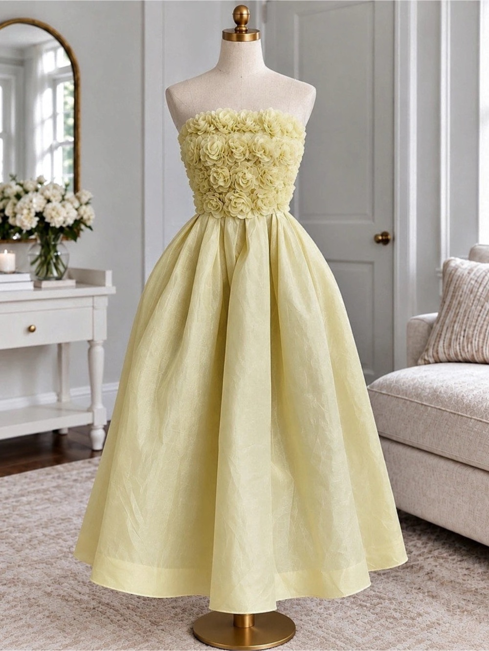 YOHERS Yellow Strapless Floral Applique Midi Dress in Yellow Size Small